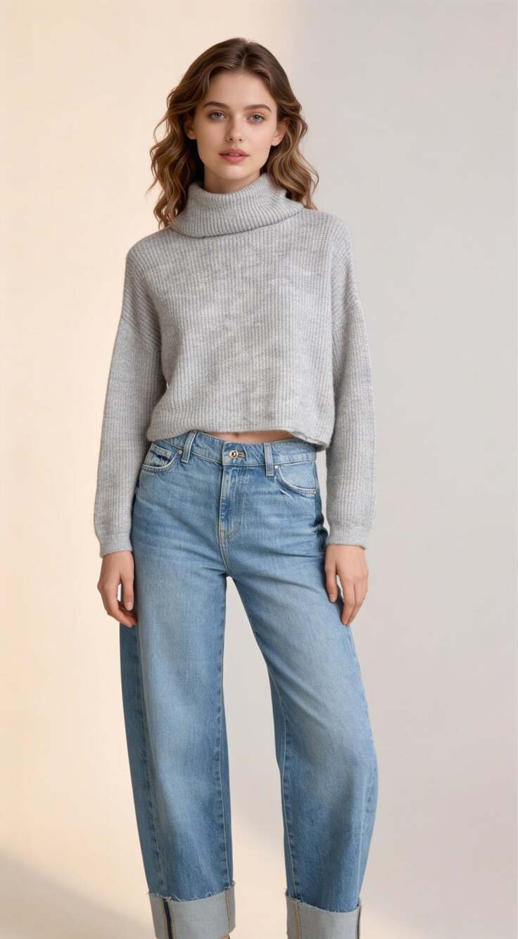 Women’s Gray Cropped Turtleneck Knit Sweater